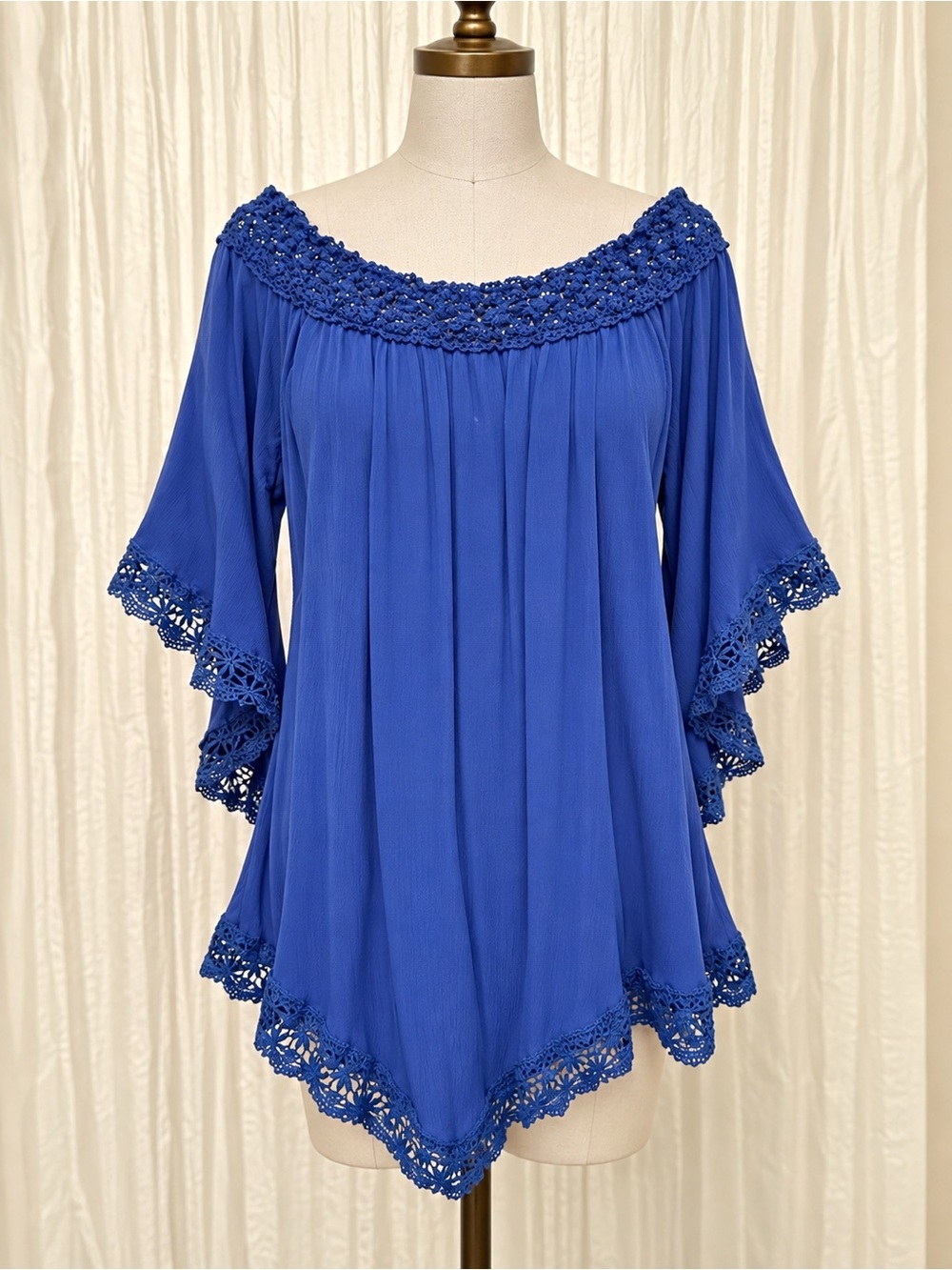 Zanzea Royal Blue Crochet-Trim Off-Shoulder Tunic Minidress